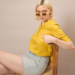 Roadster Mandarin Collar Roll-Up Sleeves Cotton Top-picture-24