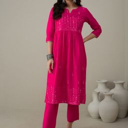 House of Pataudi Embroidered Mirror Work Notch Neck Pure Cotton A-Line Kurta With Trouser-16