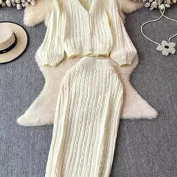 Alamode By Akanksha Beige Crystella Winter Pure Wool Co-Ord Set - Set of Sweater And Skirt-image-48
