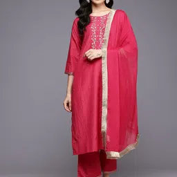 all about you Floral Yoke Design Round Neck Thread Work Kurta With Trouser & Dupatta-9