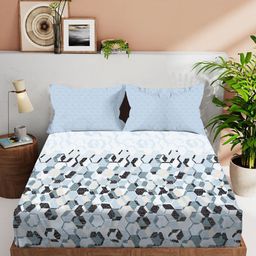 VINTANA Blue & White Geometric 210 TC King Bedsheet with 2 Pillow Covers-image-102
