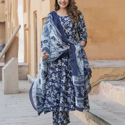 KALINI Floral Printed Pure Cotton Anarkali Kurta with Trousers & Dupatta-33