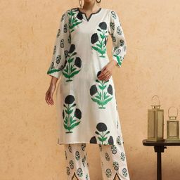 STYLEBAAZI Floral Printed Notch Neck Pure Cotton Straight Kurta With Trousers-picture-37