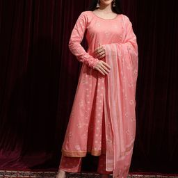 Vishudh Floral Printed Ruched Sleeves Gotta Patti Anarkali Kurta With Trousers & Dupatta-picture-14