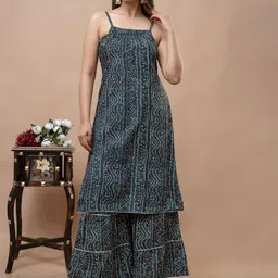Shedika Bandhani Printed Shoulder Straps Straight Kurta With Sharara-image-8