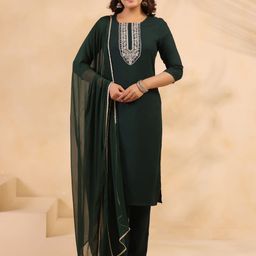 Anouk Rustic Women Ethnic Motifs Embroidered Cotton Kurta with Trousers & Dupatta-picture-25