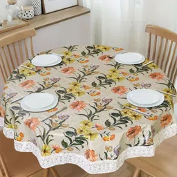 Dakshya Industries Beige Geometric Printed Waterproof Plastic Round 6-Seater Table Cover-image-42