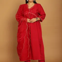 Rajnandini Floral Embroidered V-Neck Empire A-line Kurta With Trousers And Dupatta-image-25