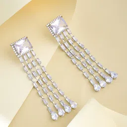 Yinara Silver-Plated Stainless Steel Cubic Zirconia Studded Square Tasselled Drop Earrings-52