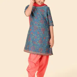 Fabindia Girls Floral Printed Round Neck Cotton Silk Straight Kurta With Salwar & Dupatta-image-85