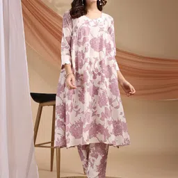Fourleaf Women Floral Printed Regular Pure Cotton Kurta with Trousers-image-61