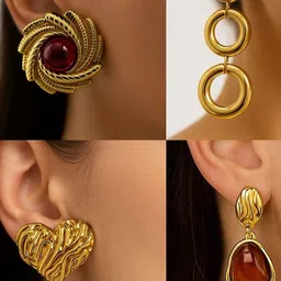 ISHTAARA Set Of 4 Stainless Steel Gold Plated Earrings-picture-24