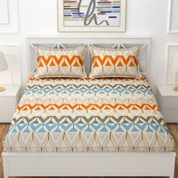 YaAkholic Cream-Coloured & Orange Geometric 210 TC King Bedsheet with 2 Pillow Covers-5