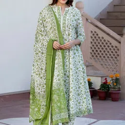 KALINI Floral Printed Mandarin Collar Straight Pure Cotton Kurta With Trousers And Dupatta-13