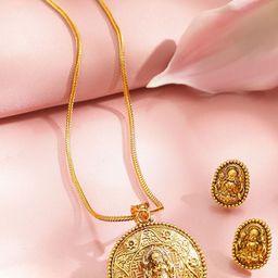 Rubans 22K Gold-Plated Temple Necklace Set with Round Carved Lakshmi Pendant & Earrings-picture-33