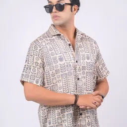 Eszett Men Floral Printed Cuban Collar Pure Cotton Casual Shirt-image-39