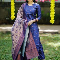 Siya Fashion Floral Woven Design Notch Neck Zari Straight Kurta With Trousers And Dupatta-picture-11