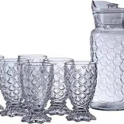 S1Store Italian Premium Water And Juice Glasses Set Of 6 And Jug Set Combo,(6 Pieces Glasses 240ml And 1 Water Juice Jug 1.5 Liter), Transparent, Glass And Jug Set (Classic,Royal Design) Jug Glass Set-4