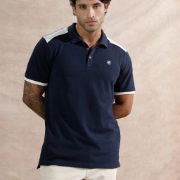 Men Striped Polo Neck Pure Cotton Blue T-Shirt-image-1
