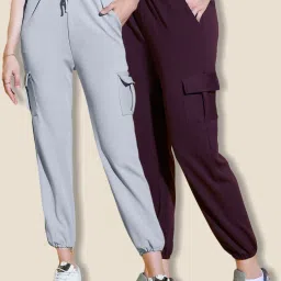 Pack of 2 Women Solid Grey, Maroon Track Pants-image-2