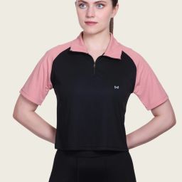 Women Colorblock Zip Neck Polyester Black, Pink T-Shirt-image-75