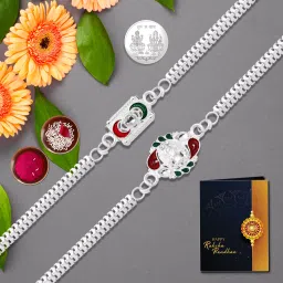 Bracelet Rakhi Combo Gift For Brother |Coin| Roli & Chawal | Greeting Card |K2_A21+A32 Assorted Rakhi, Chawal Roli Pack, Coins, Greeting Card Set-19