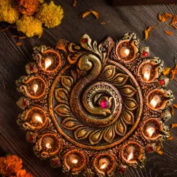 the handicraftian Peacock Terracotta 9 Diya Plate (Gold)-picture-26