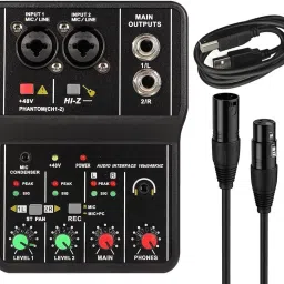 Sound Mixer 2 Channels DJ Audio Interface, 48V Phantom Power with XLR, 3.5mm Digital Sound Mixer-image-40