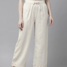 Women Regular Fit Cream Pure Cotton Trousers-image-29