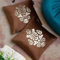 hosta homes Brown Velvet Geometric 16X16 Inches Cushion Covers (Pack of 2)-picture-45