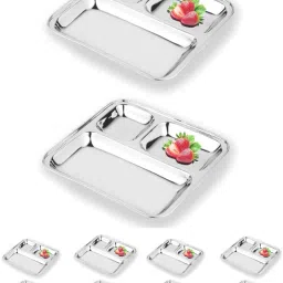 Kitchen King Present Stainless Steal 3 in 1 Set of 10 Stainless Steel Pav Bhaji / Snacks Plate/Dineer Plates; Heavy Gauge partition plates. Sectioned Plate-5