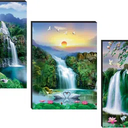 Vastu Natural Waterfall 3 Piece MDF Painting Digital Reprint 12 inch x 4.5 inch Painting-picture-1