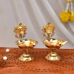 Brass Shankh Chakra Decorative Pooja Diya Brass (Pack of 2) Table Diya Set-picture-3