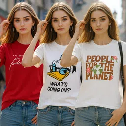 fabflee Pack of 3 Women Solid Round Neck Cotton Blend Multicolor T-Shirt-picture-38