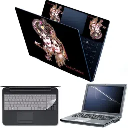 Anweshas 4 in 1 Combo Pack with Laptop Skin Sticker Decal, Palmrest Skin, Screen Protector, Key Guard for 15.6 Inch Laptop - Radha Krishna Black Combo Set-11