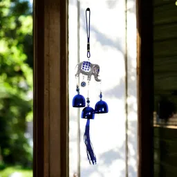 Evil Eye Wind Chime with Elephant & 3 bells with threads- Home decor item Stainless Steel Windchime-image-55