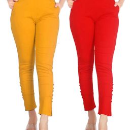 Pack of 2 Women Slim Fit Red, Yellow Cotton Blend Trousers-image-86