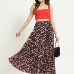 Women Floral Print A-line Black Skirt-image-7