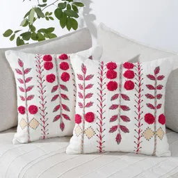 eyda White & Red 2 Pieces Cotton Embroidered Square Cushion Covers-27