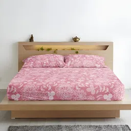 Aurave Peach Floral Microfiber 210 TC Fitted Queen Bedsheet With 2 Pillow Covers-image-37