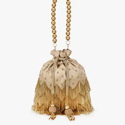 Anekaant Women Champagne & White Embellished Tasselled Potli Clutch-27