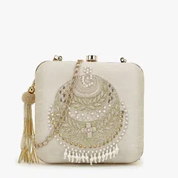 Anekaant Off White & Gold-Toned Embellished Tasselled Box Clutch-42