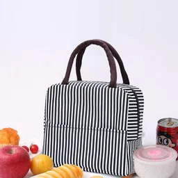 HOUSE OF QUIRK Black & White Striped Insulated Lunch Bag-13