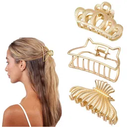 VAGHBHATT Women Gold-Toned Set of 3 Claw Clip image 5
