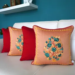 TARA- Sparkling Homes Peach-Coloured & Green Set of 4 Embroidered Square Cushion Covers-5