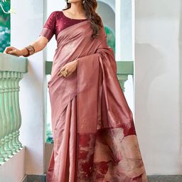 Satrani Women Floral Zari Silk Blend Banarasi Saree With Blouse Piece-image-57