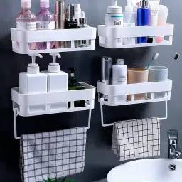 Bathroom Shelves with Towel Hanger (White, 4 Bathroom Shelf + 2 Towel Hanger) Plastic Wall Shelf-image-16