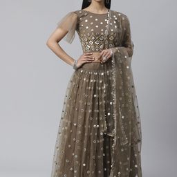 SHOPGARB Taupe & Silver Foil Zari Semi-Stitched Lehenga & Unstitched Blouse with Dupatta-image-63