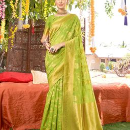 Anouk Lime Green & Gold-Toned Woven Design Zari Detailed Art Silk Chanderi Saree-image-82