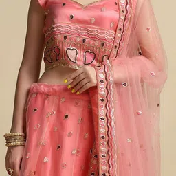 KALINI Embroidered Thread Work Net Semi-Stitched Lehenga & Unstitched Blouse With Dupatta image 4